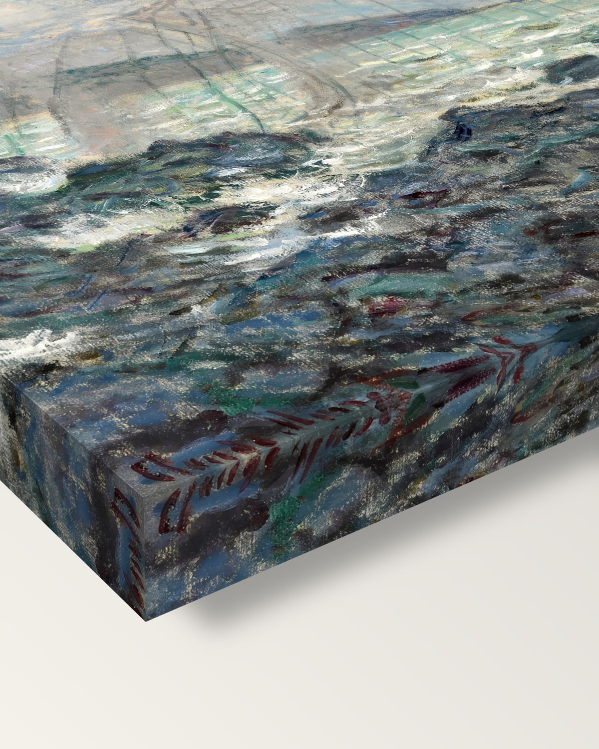 Fishing Nets at Pourville by Claude Monet on stretched canvas, corner close-up: the painting mirror-wrapped round the sides