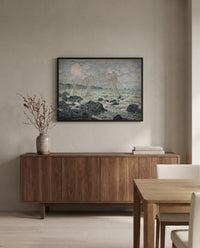Fishing Nets at Pourville by Claude Monet in a black frame above a walnut sideboard in a dining room