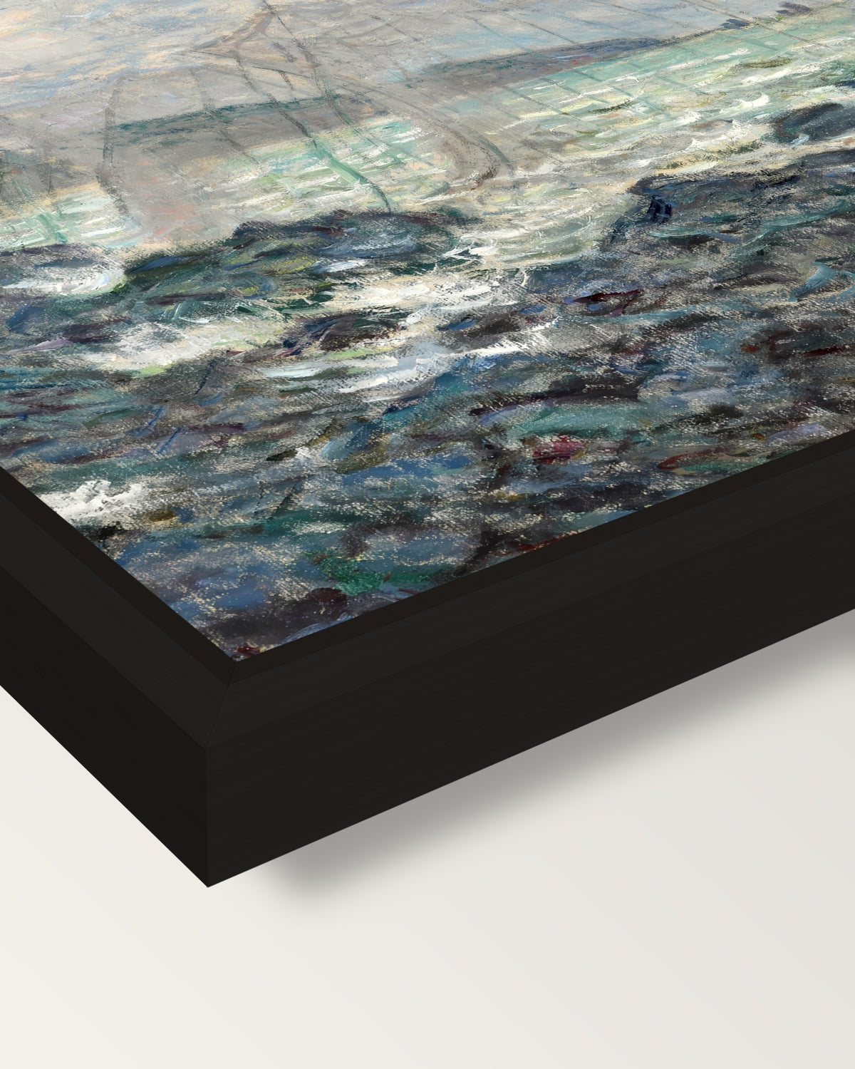 Fishing Nets at Pourville by Monet framed canvas, corner close-up: a black floating frame with a shadow gap round the canvas
