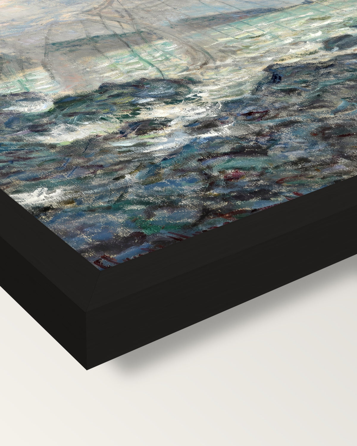 Fishing Nets at Pourville by Monet framed print, corner close-up: black moulding, mitred, the print set just below its edge