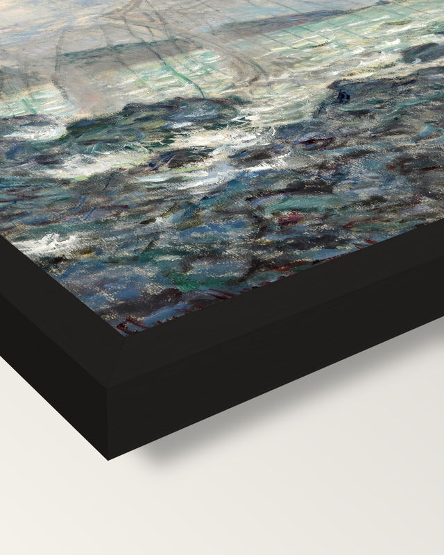 Fishing Nets at Pourville by Monet framed print, corner close-up: black moulding, mitred, the print set just below its edge