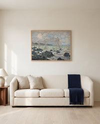 Fishing Nets at Pourville by Claude Monet framed in natural oak above a cream sofa in a warm living room