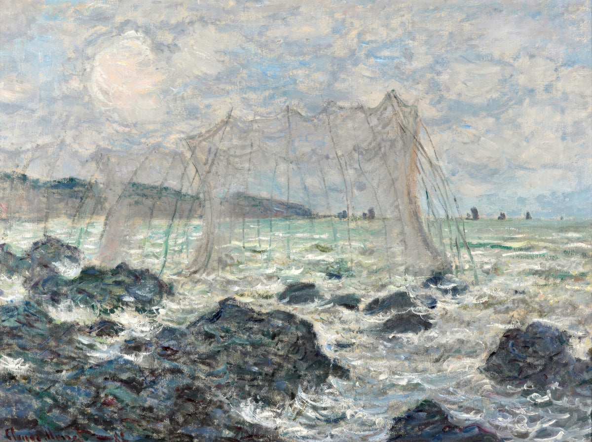 Fishing Nets at Pourville by Claude Monet: tall fishing nets on stakes above a choppy green-grey sea under a pale white sun