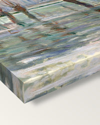 Flood Waters by Claude Monet on stretched canvas, corner close-up: the painting mirror-wrapped round the sides