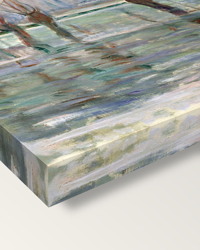 Flood Waters by Claude Monet on stretched canvas, corner close-up: the painting mirror-wrapped round the sides