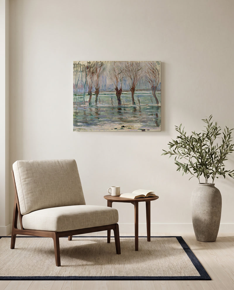 Flood Waters by Claude Monet as a stretched canvas above a linen lounge chair in a reading corner