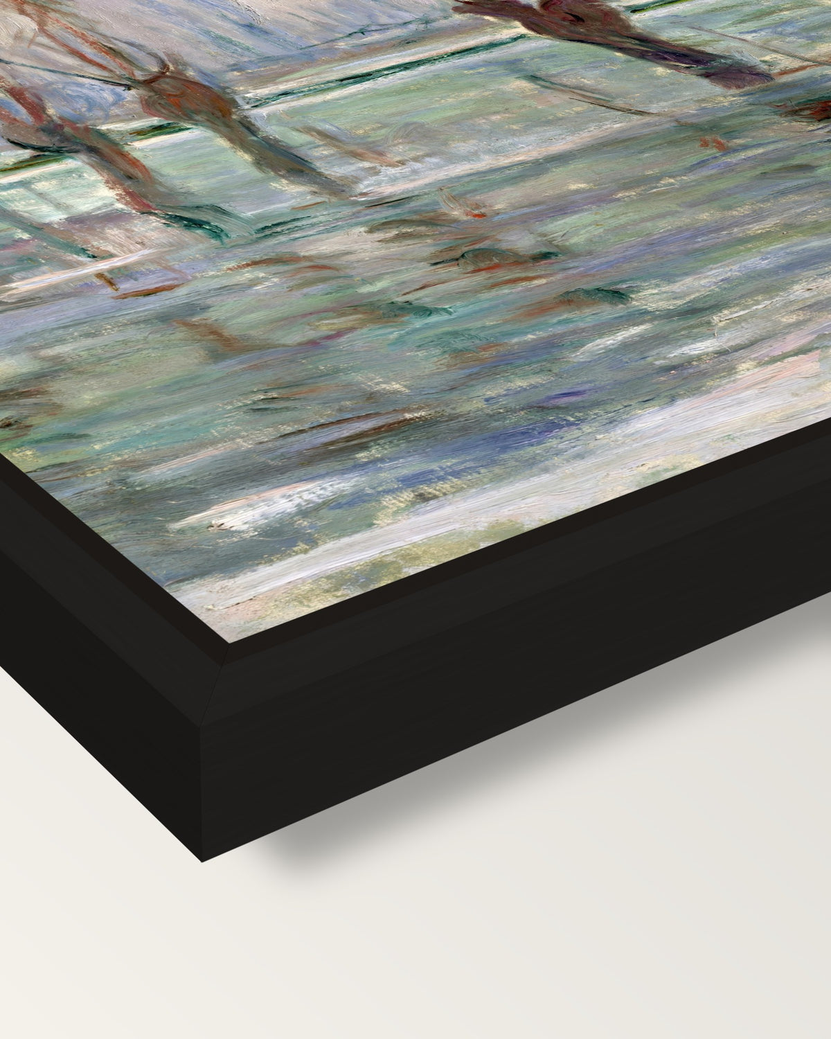 Flood Waters by Claude Monet framed canvas, corner close-up: a black floating frame with a shadow gap round the canvas