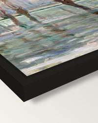 Flood Waters by Claude Monet framed canvas, corner close-up: a black floating frame with a shadow gap round the canvas