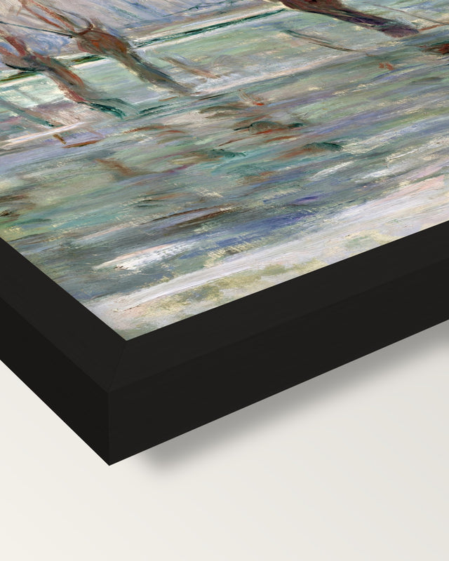 Flood Waters by Claude Monet framed print, corner close-up: black moulding, mitred, the print set just below its edge