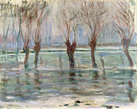 Flood Waters by Claude Monet: a row of bare willows standing in a flooded meadow under a pale grey sky