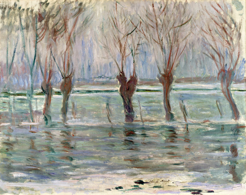 Flood Waters by Claude Monet: a row of bare willows standing in a flooded meadow under a pale grey sky