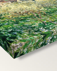 Plum Trees in Blossom by Claude Monet on stretched canvas, corner close-up: the painting mirror-wrapped round the sides