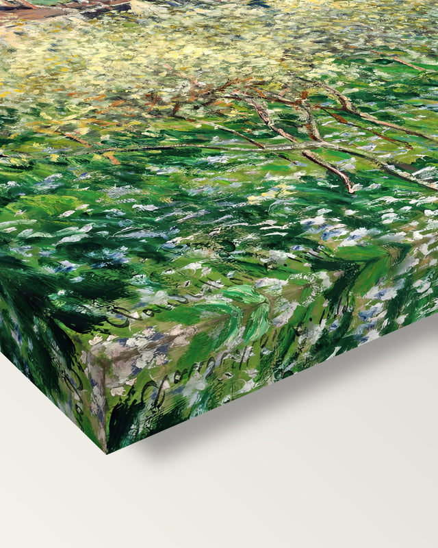 Plum Trees in Blossom by Claude Monet on stretched canvas, corner close-up: the painting mirror-wrapped round the sides