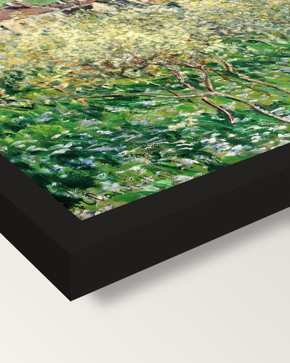 Plum Trees in Blossom by Monet framed print, corner close-up: black moulding, mitred, the print set just below its edge