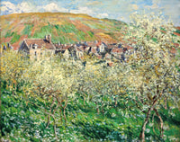 Plum Trees in Blossom by Claude Monet: a white flowering plum tree in long green grass, village roofs and a hill behind