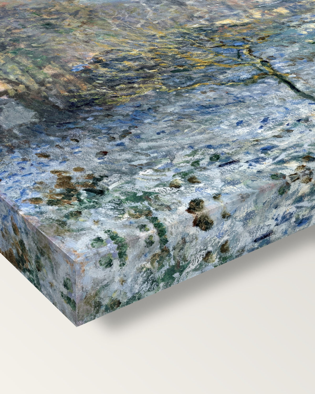 Frost, Argenteuil by Claude Monet on stretched canvas, corner close-up: the painting mirror-wrapped round the sides
