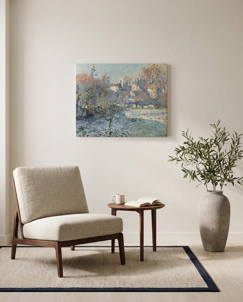 Frost, Argenteuil by Claude Monet as a stretched canvas above a linen lounge chair in a reading corner