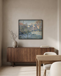 Frost, Argenteuil by Claude Monet in a black frame above a walnut sideboard in a dining room