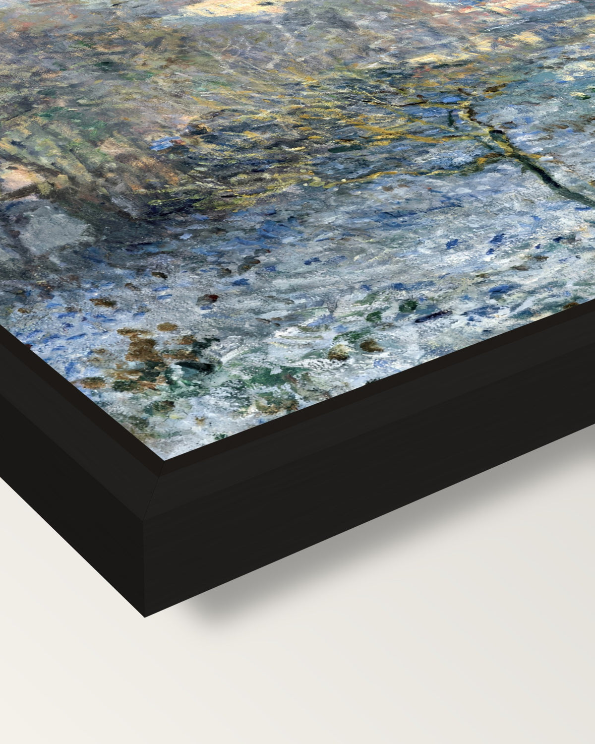 Frost, Argenteuil by Claude Monet framed canvas, corner close-up: a black floating frame with a shadow gap round the canvas