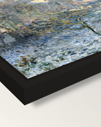 Frost, Argenteuil by Claude Monet framed canvas, corner close-up: a black floating frame with a shadow gap round the canvas
