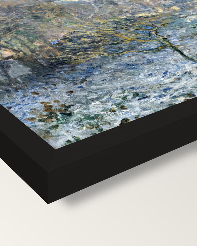 Frost, Argenteuil by Claude Monet framed print, corner close-up: black moulding, mitred, the print set just below its edge
