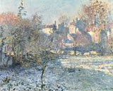 Frost by Claude Monet: a blue frosted meadow, bare brown and orange trees and white house fronts behind