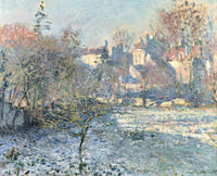 Frost by Claude Monet: a blue frosted meadow, bare brown and orange trees and white house fronts behind