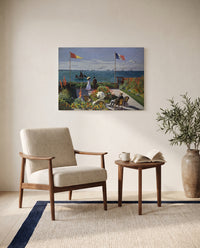 Garden at Sainte-Adresse by Claude Monet as a stretched canvas above a linen lounge chair in a reading corner
