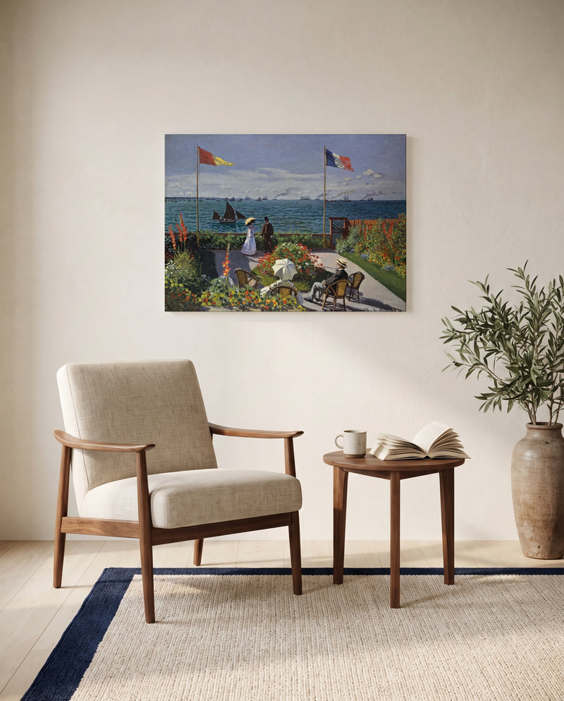 Garden at Sainte-Adresse by Claude Monet as a stretched canvas above a linen lounge chair in a reading corner