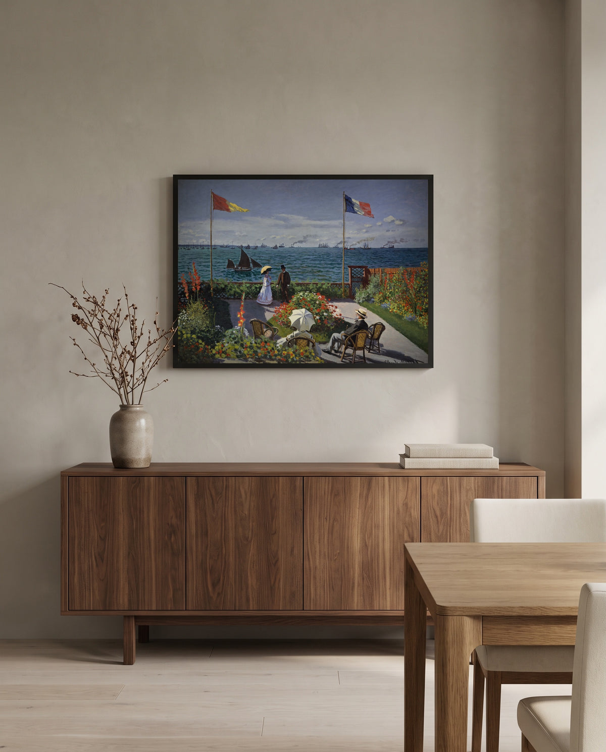 Garden at Sainte-Adresse by Claude Monet in a black frame above a walnut sideboard in a dining room
