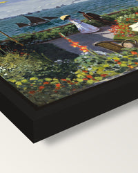 Garden at Sainte-Adresse by Monet framed canvas, corner close-up: a black floating frame with a shadow gap round the canvas