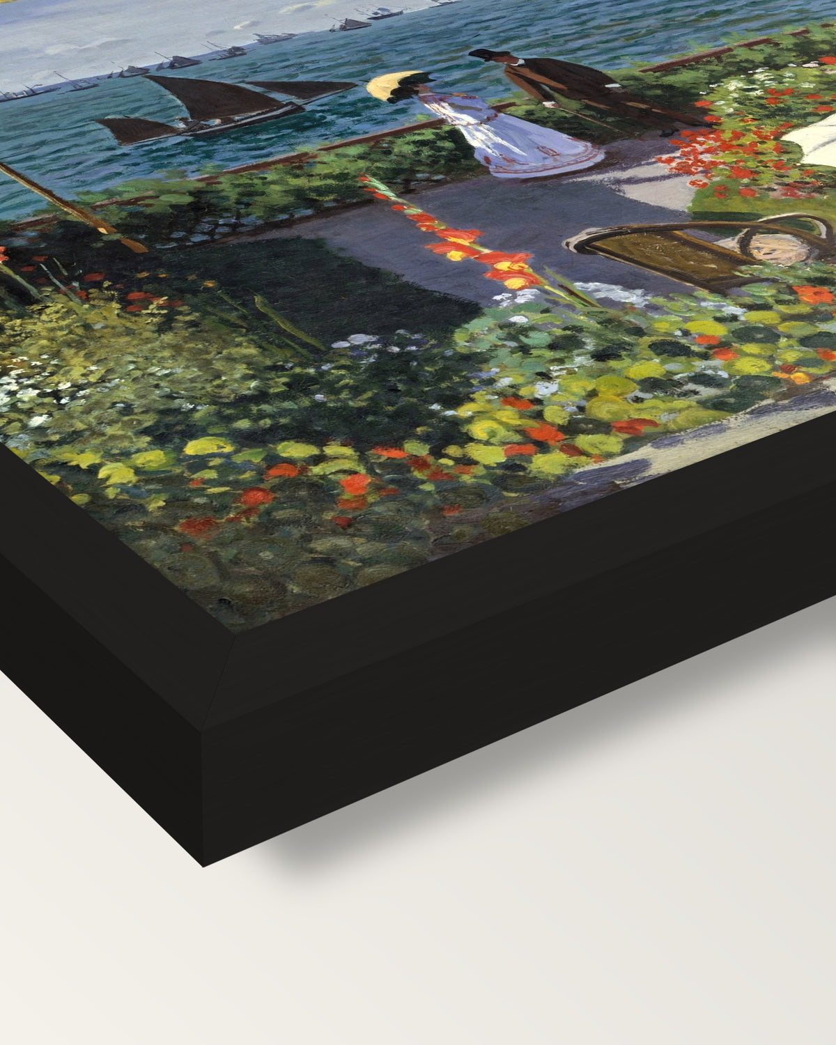Garden at Sainte-Adresse by Monet framed print, corner close-up: black moulding, mitred, the print set just below its edge