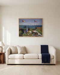 Garden at Sainte-Adresse by Claude Monet framed in natural oak above a cream sofa in a warm living room