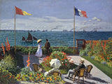 Garden at Sainte-Adresse by Claude Monet: a flowered terrace with two flags, people in chairs, a blue sea full of ships
