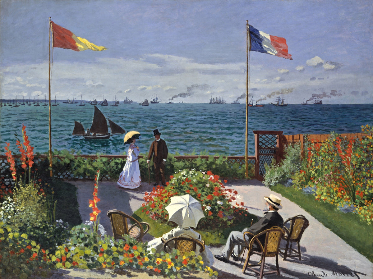 Garden at Sainte-Adresse by Claude Monet: a flowered terrace with two flags, people in chairs, a blue sea full of ships