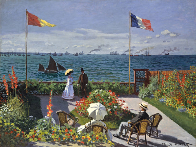 Garden at Sainte-Adresse by Claude Monet: a flowered terrace with two flags, people in chairs, a blue sea full of ships