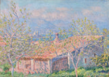 Gardener’s House at Antibes by Claude Monet: a pink house among slender trees, blue sea and distant snowy mountains beyond