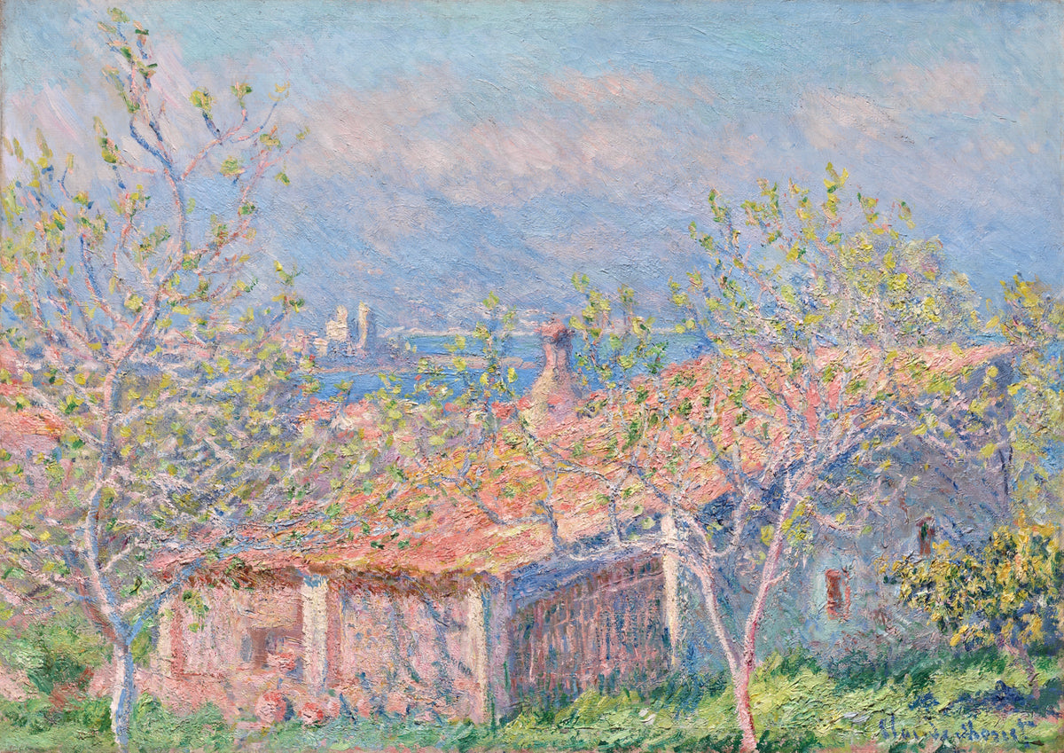 Gardener’s House at Antibes by Claude Monet: a pink house among slender trees, blue sea and distant snowy mountains beyond