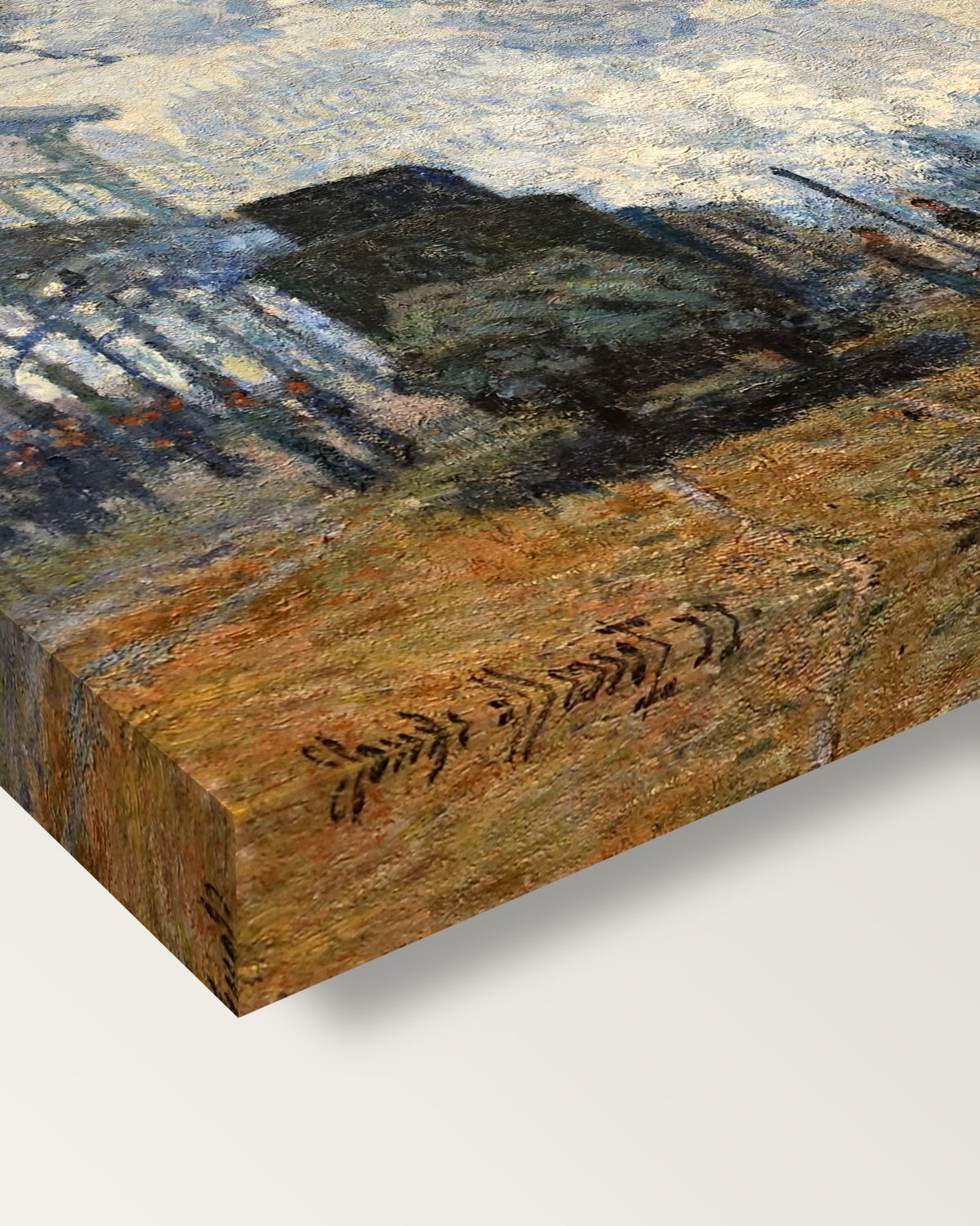 Gare Saint-Lazare by Claude Monet on stretched canvas, corner close-up: the painting mirror-wrapped round the sides