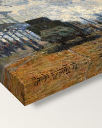 Gare Saint-Lazare by Claude Monet on stretched canvas, corner close-up: the painting mirror-wrapped round the sides