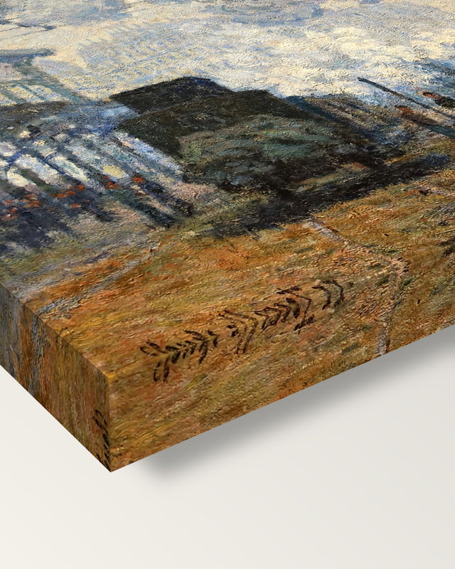 Gare Saint-Lazare by Claude Monet on stretched canvas, corner close-up: the painting mirror-wrapped round the sides