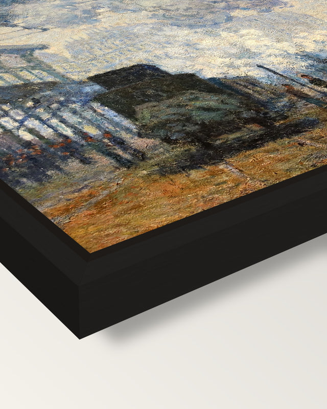 Gare Saint-Lazare by Claude Monet framed canvas, corner close-up: a black floating frame with a shadow gap round the canvas