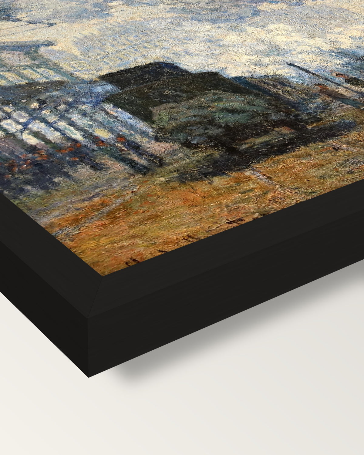 Gare Saint-Lazare by Claude Monet framed print, corner close-up: black moulding, mitred, the print set just below its edge