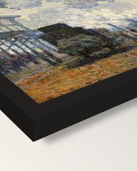 Gare Saint-Lazare by Claude Monet framed print, corner close-up: black moulding, mitred, the print set just below its edge
