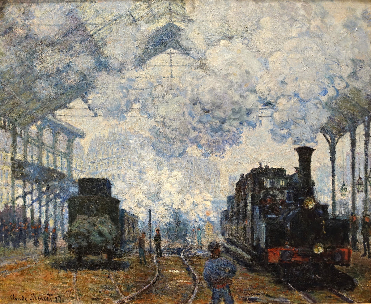 The Gare Saint-Lazare by Claude Monet: two steam trains under the glass roof of a Paris station, filled with clouds of smoke