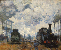 The Gare Saint-Lazare by Claude Monet: two steam trains under the glass roof of a Paris station, filled with clouds of smoke
