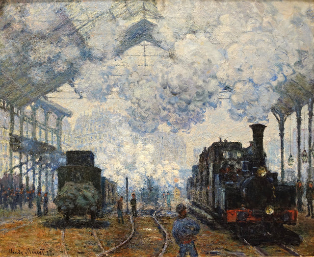 The Gare Saint-Lazare by Claude Monet: two steam trains under the glass roof of a Paris station, filled with clouds of smoke