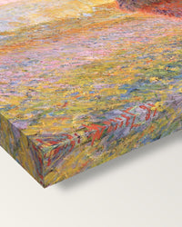 Grainstack (Sunset) by Claude Monet on stretched canvas, corner close-up: the painting mirror-wrapped round the sides
