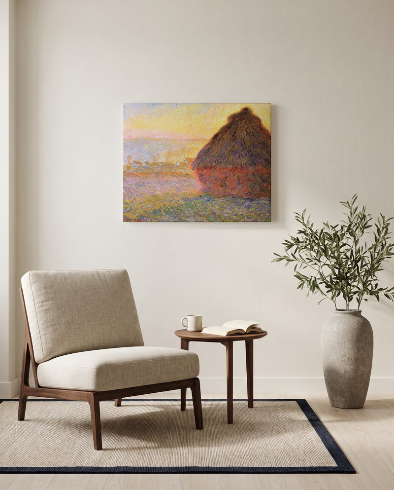 Grainstack (Sunset) by Claude Monet as a stretched canvas above a linen lounge chair in a reading corner