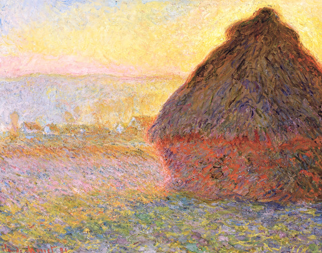 Grainstack (Sunset) by Claude Monet: a large haystack glowing red and orange in a golden sunset over a field